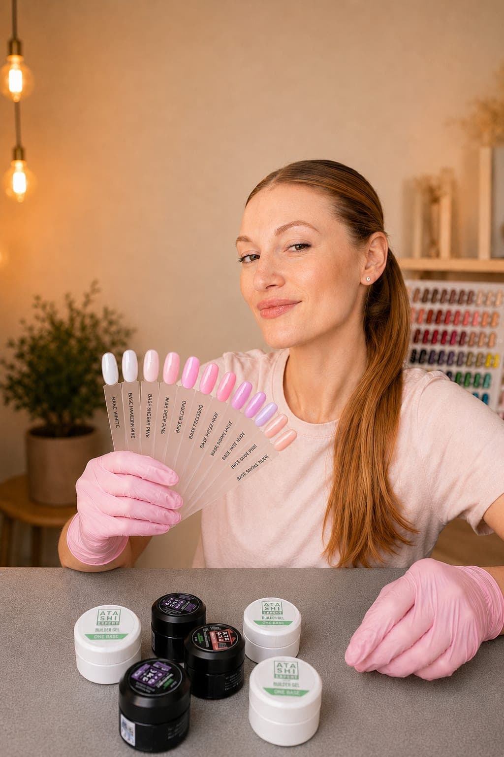 Polina in her San Diego studio holding a fan of pink and nude color swatches