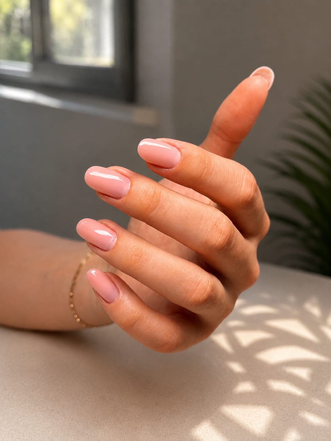 Natural nude pink manicure on oval nails in soft daylight