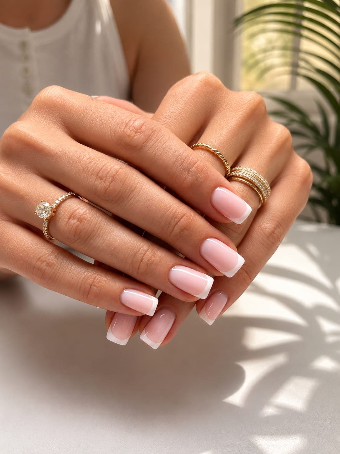 Classic pink-and-white French manicure on square nails with gold rings