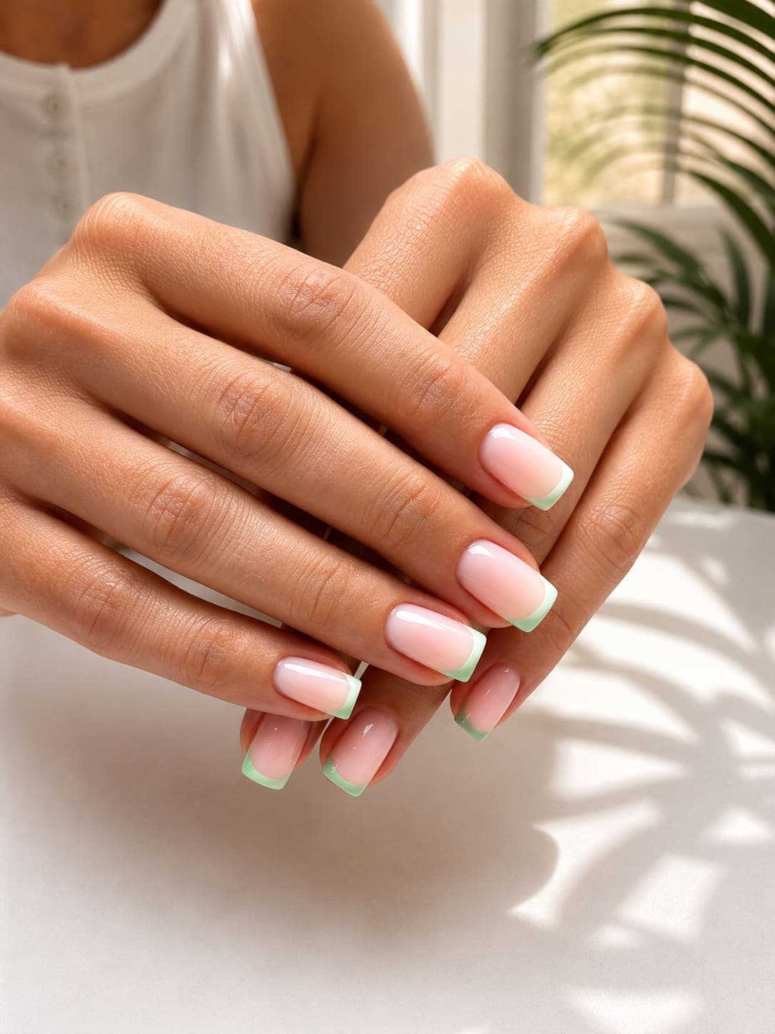 Custom nail design — soft green French tips on square nails